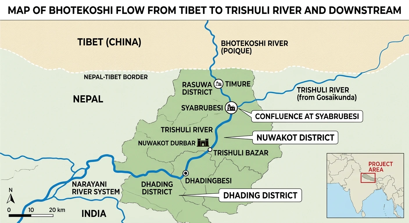 Map of the Bhotekoshi flood path from Tibet through Rasuwa (Timure, Syabrubesi) to the Trishuli
