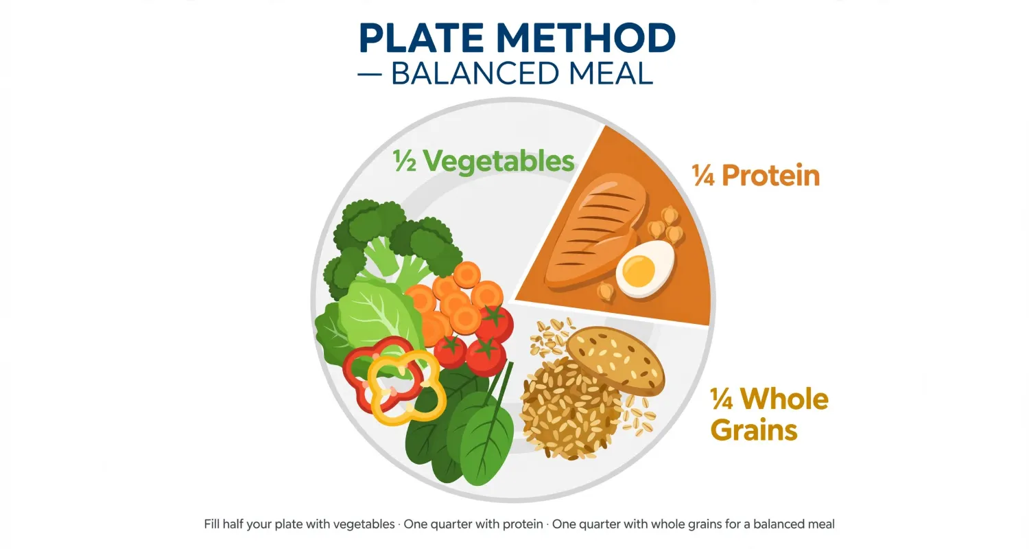 Healthy plate for weight loss: half vegetables, quarter protein, quarter whole grains
